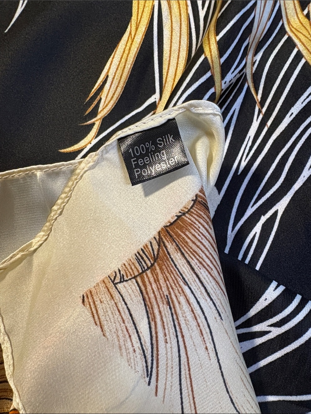 Silk-Feel Floral & Koi Print Wrap Scarf - Yellow, Black, Cream - Picture 6 of 6